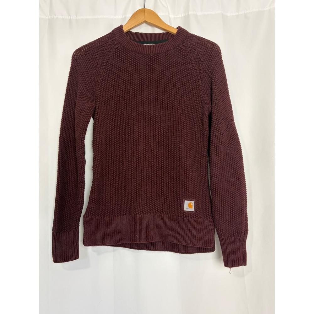 Carhartt Chunky Womens Waffle Crewneck Sweater Maroon Elbow Patches XS Fisherman